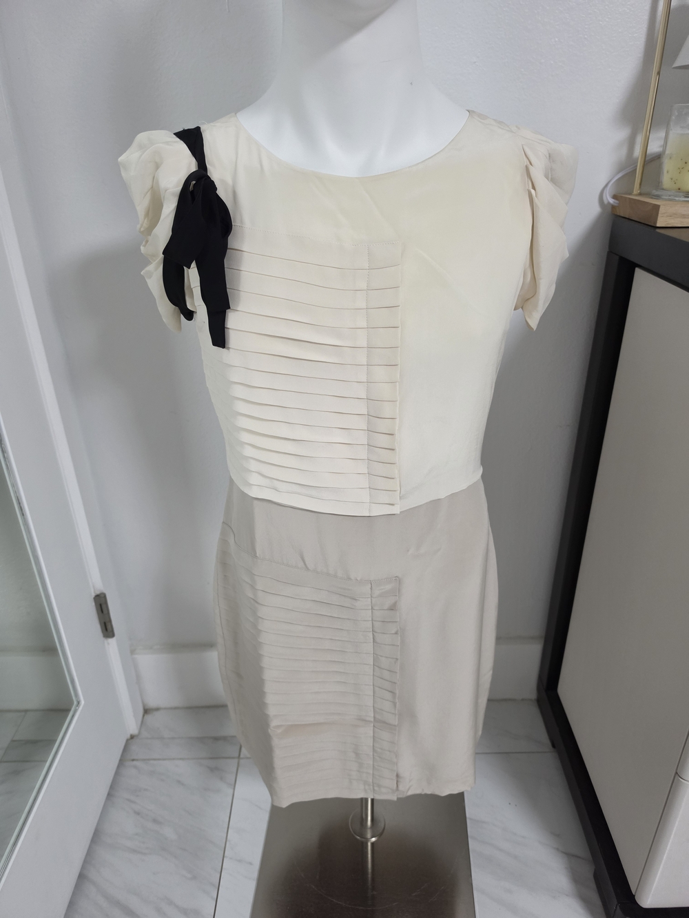 Club Monaco Cream Mini Dress with Black Bow Accent